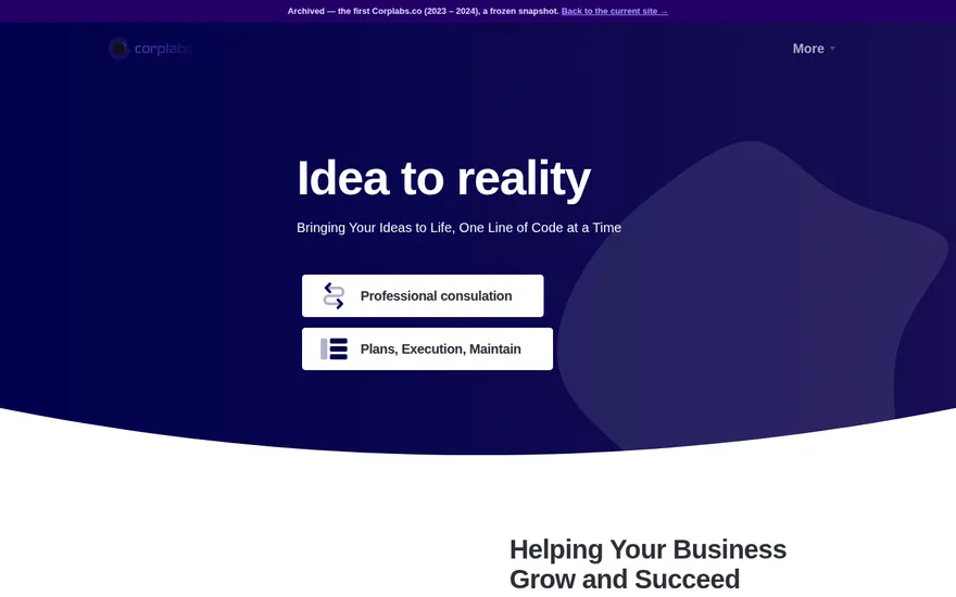 The first hand-built Corplabs.co homepage